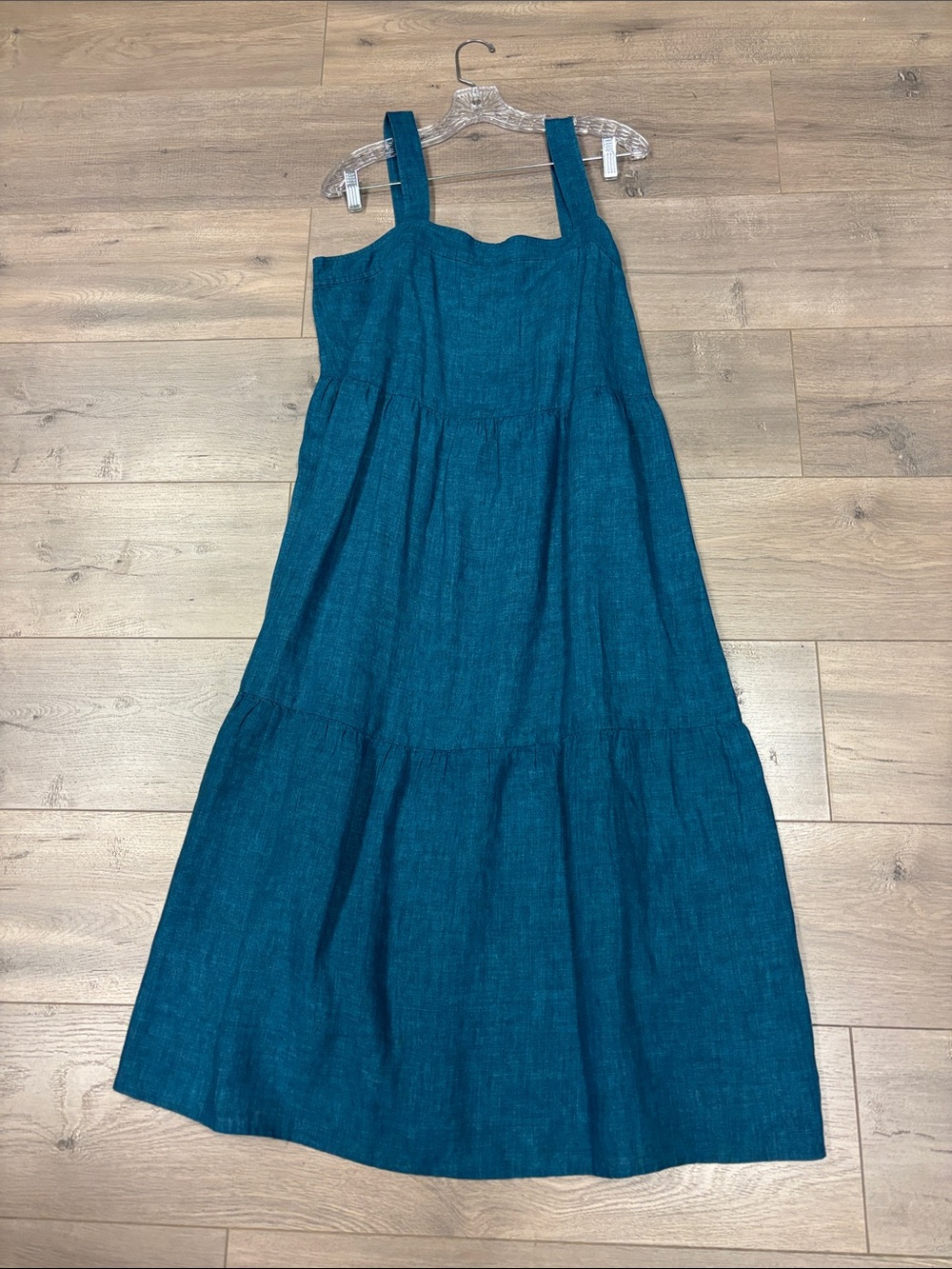 Eileen Fisher Teal Tiered Delave linen Midi Dress - Picture 5 of 10